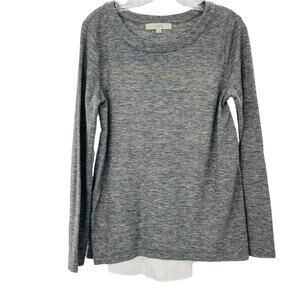 LOFT Women's Top S Heather Gray Knit Top White Blouse Back Long Sleeve Pullover